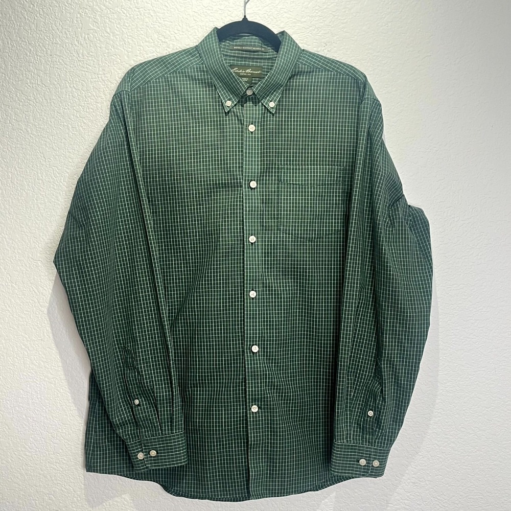 Eddie Bauer Shirt Men Large Green Grid Wrinkle Resistant Relaxed Fit Button Down